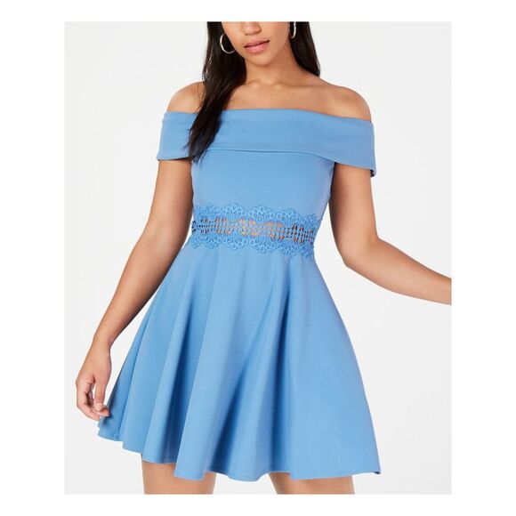 B DARLIN Womens Embroidered Sleeveless Off Shoulder Mini Fit + Flare Dress - Picture 1 of 4